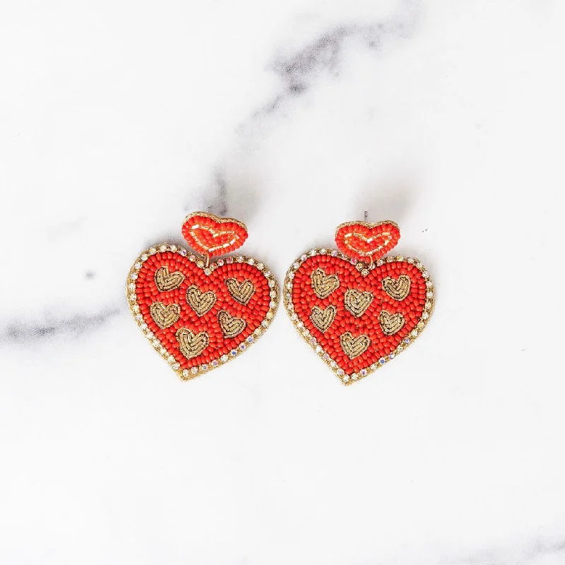 Baroque pearl earrings-Red & Gold Hearts Beaded Earrings