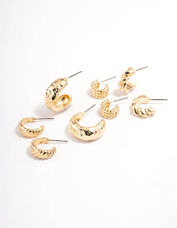 Playful pair earrings-Gold Plated Molten Multi Hoop Earrings 4-Pack