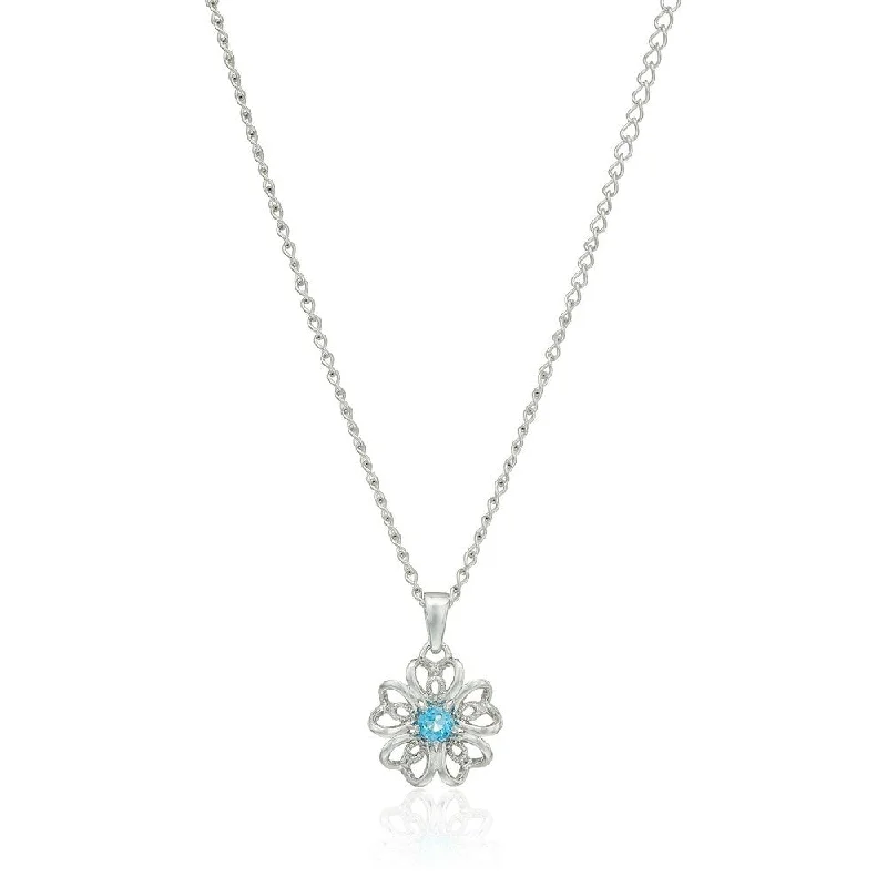 Multi-birthstone necklaces-Sterling Silver Swiss Blue Topaz Black Flower Pendant Necklace, 18"