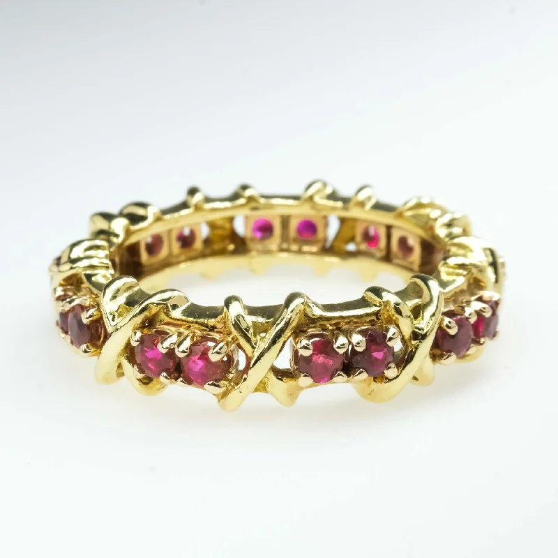 Petal carved engagement rings-0.99ctw Ruby XO Eternity Band Ring in 18K Yellow Gold