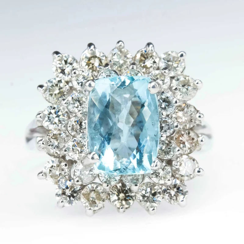 Eternity style engagement rings-1.55ct Cushion Cut Aquamarine & Diamond Double Halo Ring in 14K White Gold