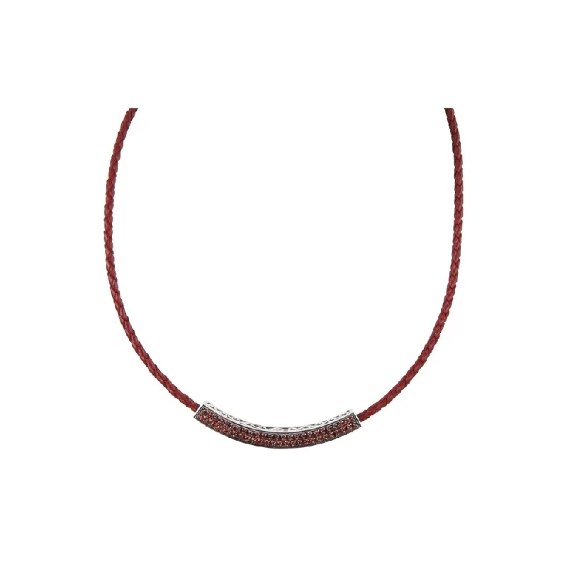 Raised disc necklaces-Platinum over Sterling Silver Red Garnet Curved Braided Leather Necklace