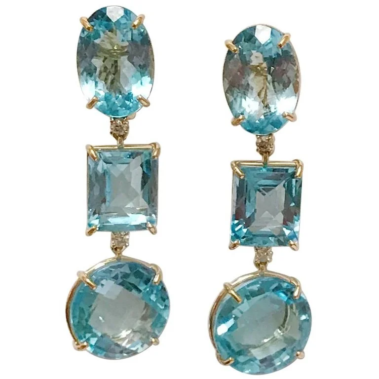 Cosmic glow earrings-18kt Yellow Gold Three Drop Earring with Blue Topaz and Diamond