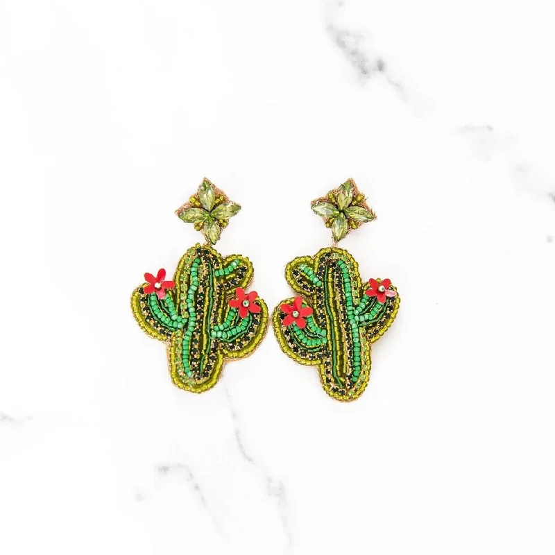 Aged bronze earrings-Jeweled + Beaded Green Cactus Earrings