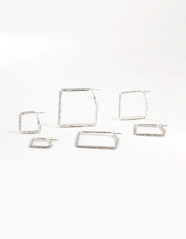 Silk fringe earrings-Silver Diamante Square Hoop Earrings 3-Pack