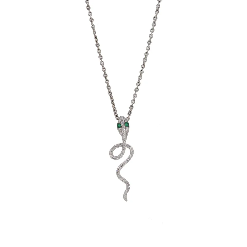 Lapis drop necklaces-Joelle Diamond & Emerald Snake Necklace Pendant 14K White Gold 1/6 ct