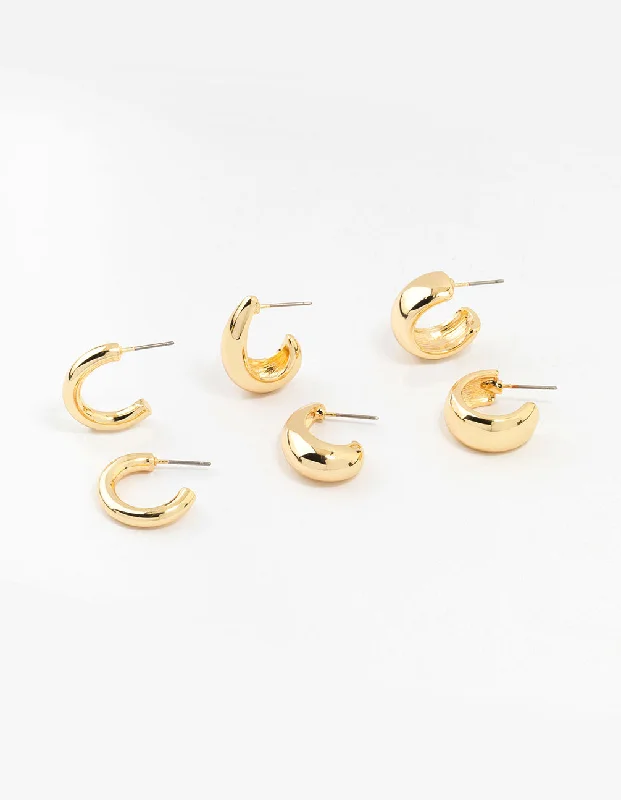 Radiant pearl earrings-Gold Plated Chunky Hoop Earrings 3-Pack